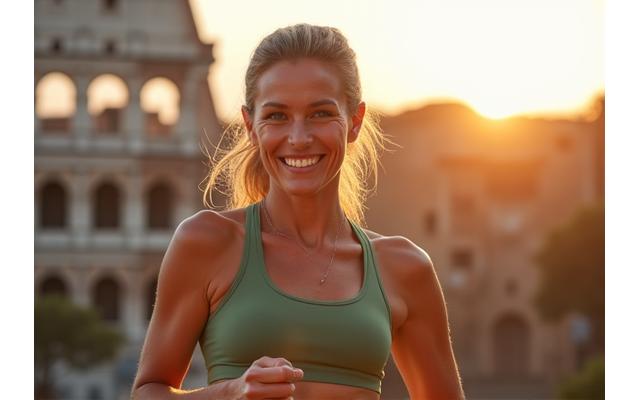 Anna (45 anni), sorridente dopo aver completato una sessione di fitness, con l'Colosseo in lontananza virtualmente.