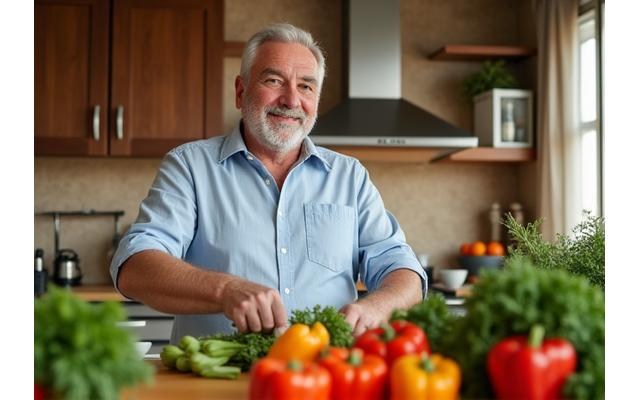 Paolo (52 anni), visibilmente più in forma, che prepara un pasto sano nella sua cucina moderna.