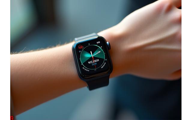 Primo piano di uno smartwatch elegante al polso, che mostra il battito cardiaco e i dati di fitness.