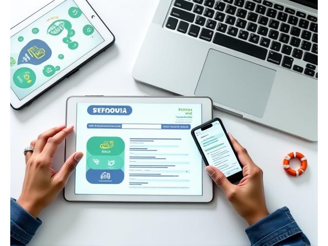 Persona che cerca risposte online su un tablet e un laptop, con icone di supporto