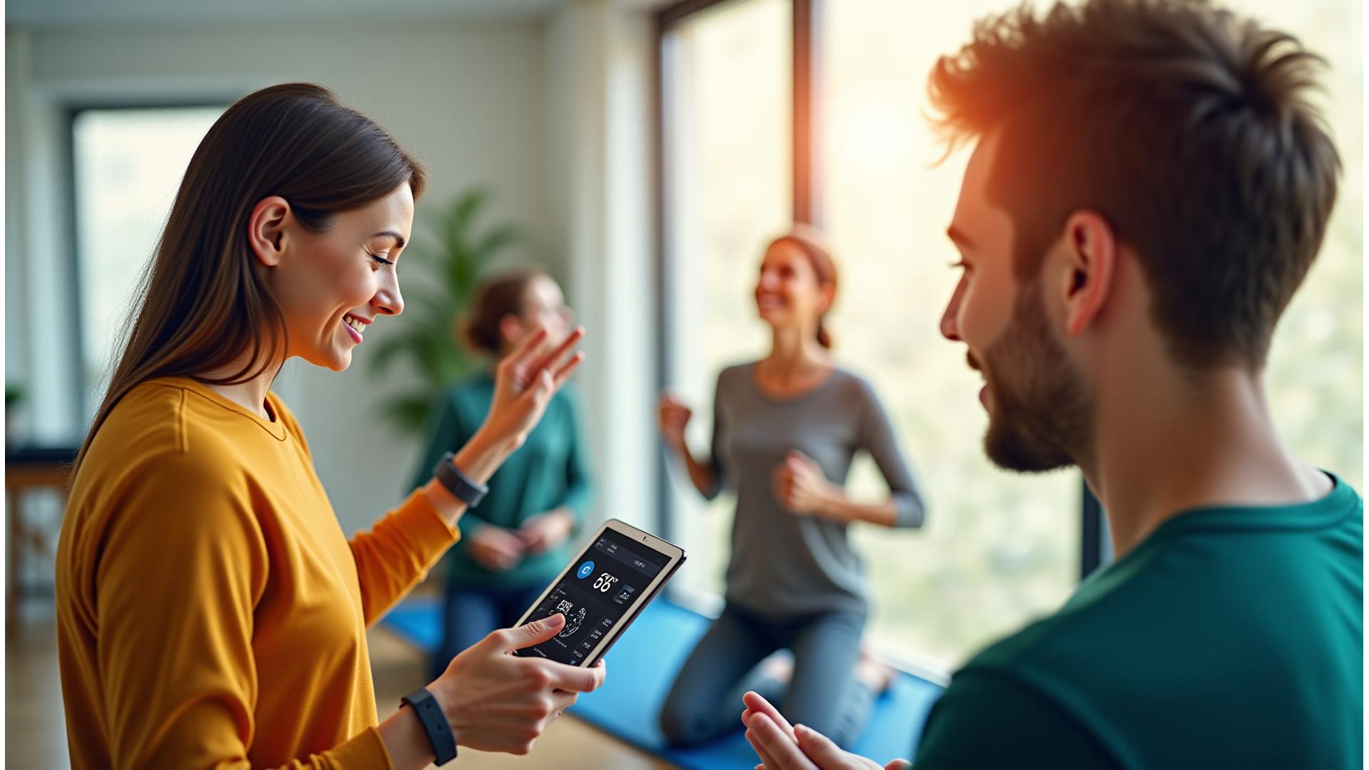 Coppia di adulti sorridenti e attivi, 40-50 anni, che usano dispositivi digitali per monitorare la loro salute, con elementi grafici che suggeriscono connettività e dati in tempo reale.