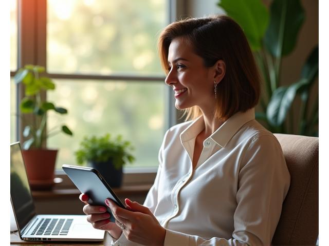 Giovane professionista di 40 anni, serena e concentrata, che bilancia lavoro e attività di benessere sul suo tablet, con un ambiente moderno e verde intorno.