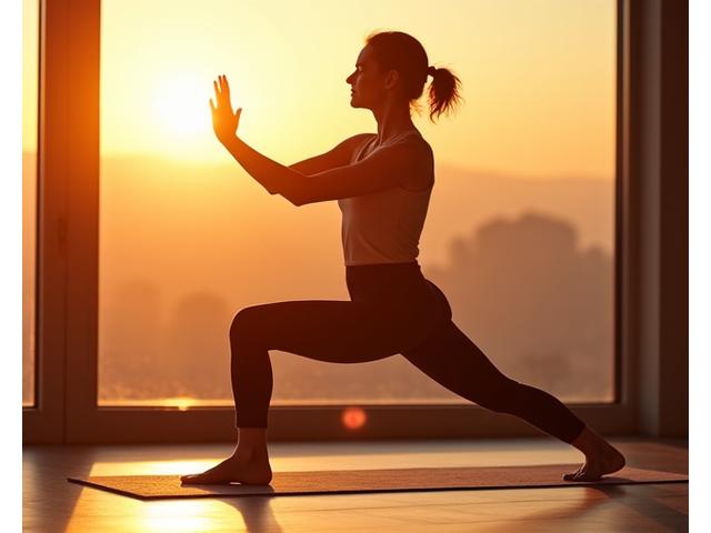 Donna di circa 50 anni che pratica yoga all'alba, irradiata da energia e tranquillità, con un'interfaccia di benessere digitale sul suo smartwatch.