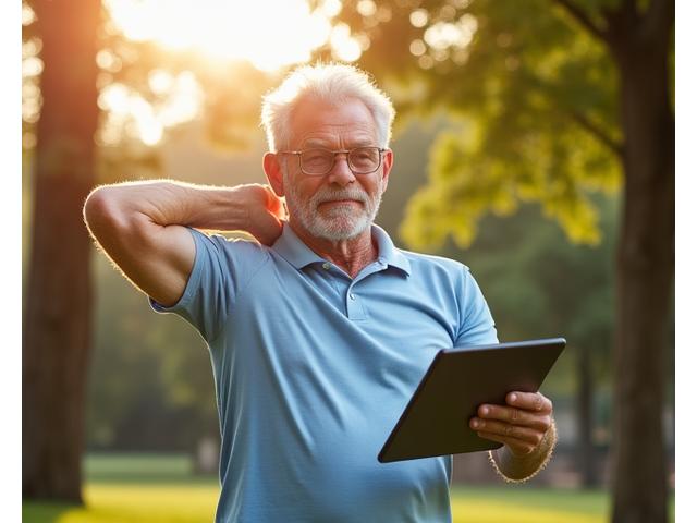 Uomo anziano attivo in un parco, intento a fare stretching con un tablet che mostra un'app di esercizi, simbolo di autonomia e salute digitale.