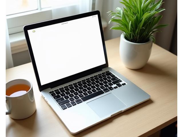 Un computer portatile aperto su un blog di salute, una tazza di tè e una pianta, evocando contenuti freschi e consulenza esperta.