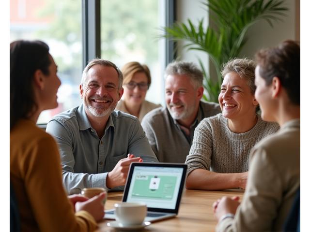 Un gruppo diversificato di adulti sorridenti che interagiscono in un ambiente moderno e accogliente, simbolizzando una community collaborativa e di supporto.
