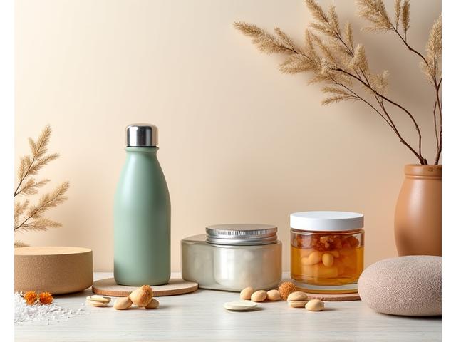 Una selezione curata di prodotti per il benessere, come integratori, attrezzi per lo yoga e alimenti sani, disposti elegantemente su una superficie di legno chiaro.