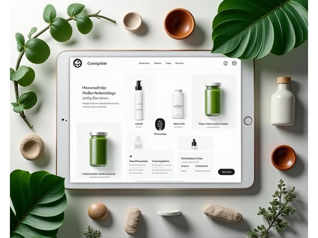Interfaccia di un marketplace digitale con prodotti wellness personalizzati per un utente, con elementi naturali e icone di interfaccia pulite.