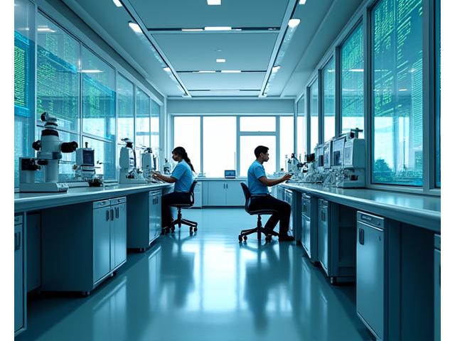 Immagine di laboratorio con provette e schermi che mostrano dati scientifici a Roma