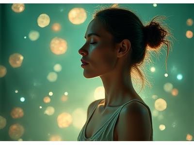 Persona in posizione di meditazione con visualizzazione futuristica dell'AI